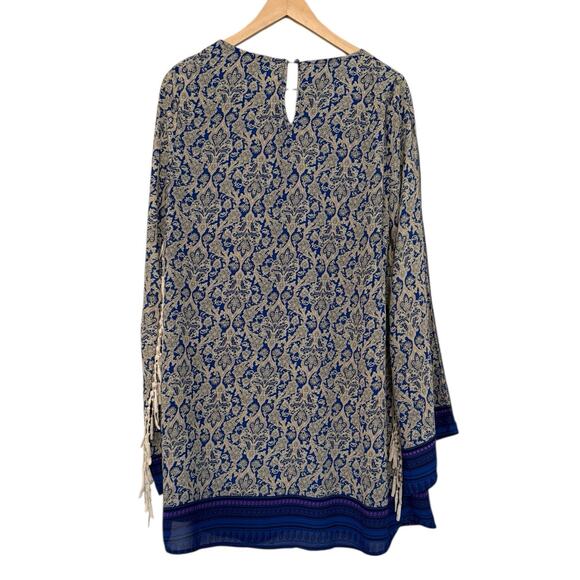 Umgee Blue Boho Shift Dress Open Fringe Sleeves Lined Paisley Print L Fall Boho - Picture 11 of 11